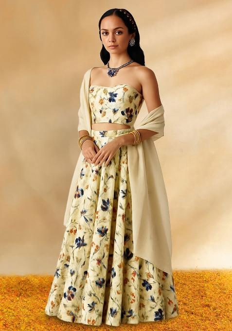 Beige Printed Crepe Lehenga Set