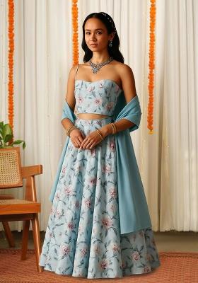 Powder Blue Printed Crepe Lehenga Set