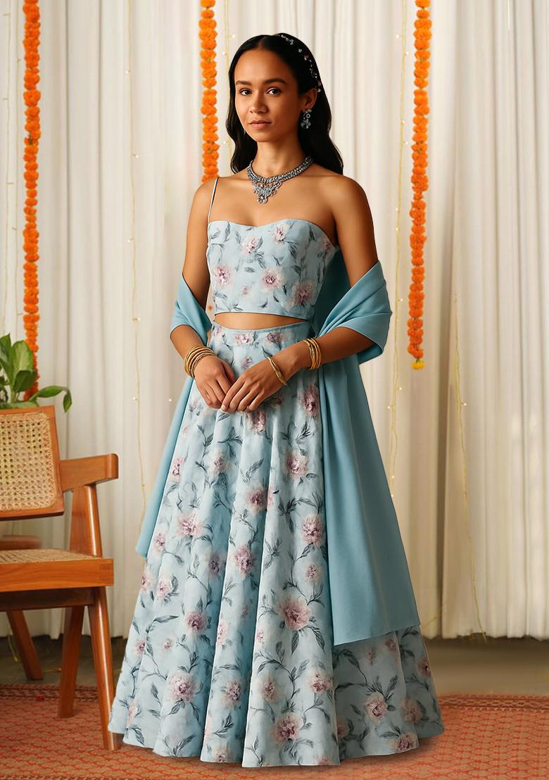 Powder Blue Printed Crepe Lehenga Set