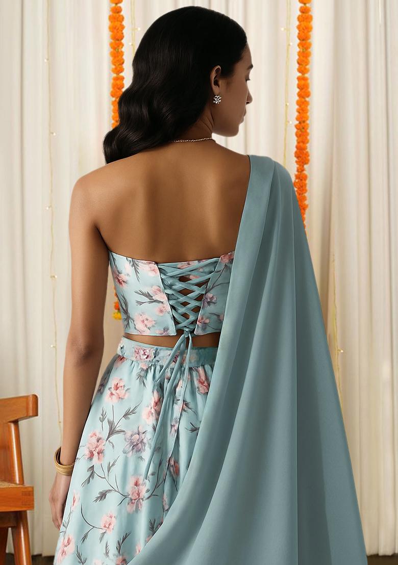 Powder Blue Printed Crepe Lehenga Set - Indya