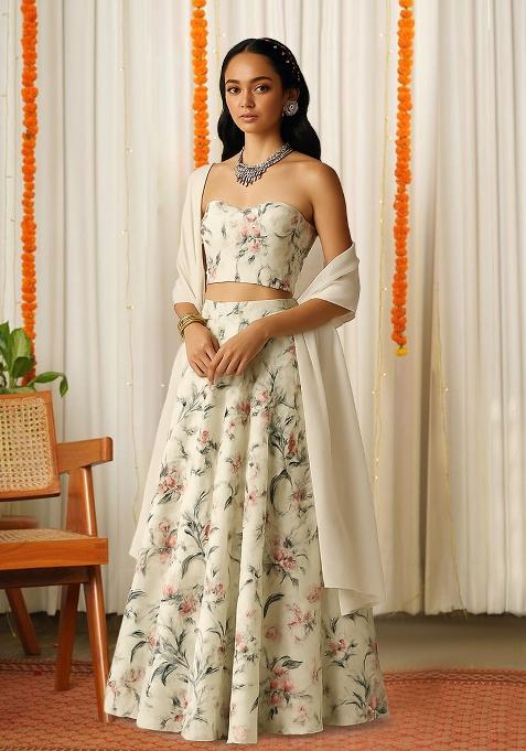 Off White Printed Crepe Lehenga Set
