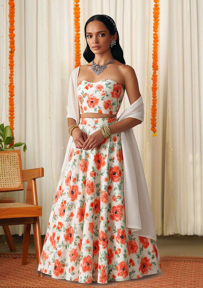 White Crepe Lehenga Set with Printed & Corset Blouse for Diwali | Wedding & Festive Wear - Indya