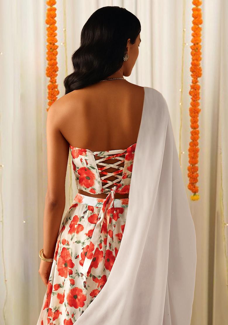 White Printed Crepe Lehenga Set - Indya