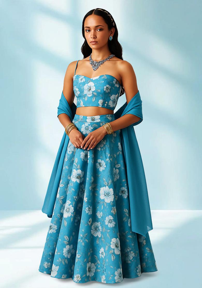 Sky Blue Printed Crepe Lehenga Set - Indya
