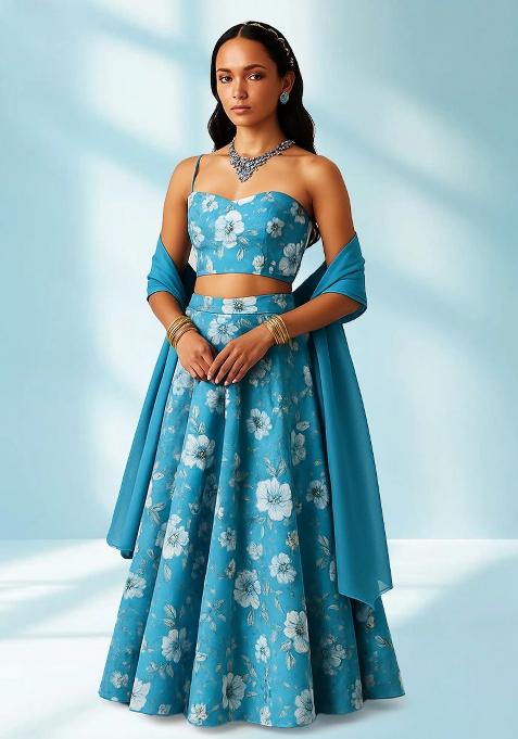 Sky Blue Printed Crepe Lehenga Set