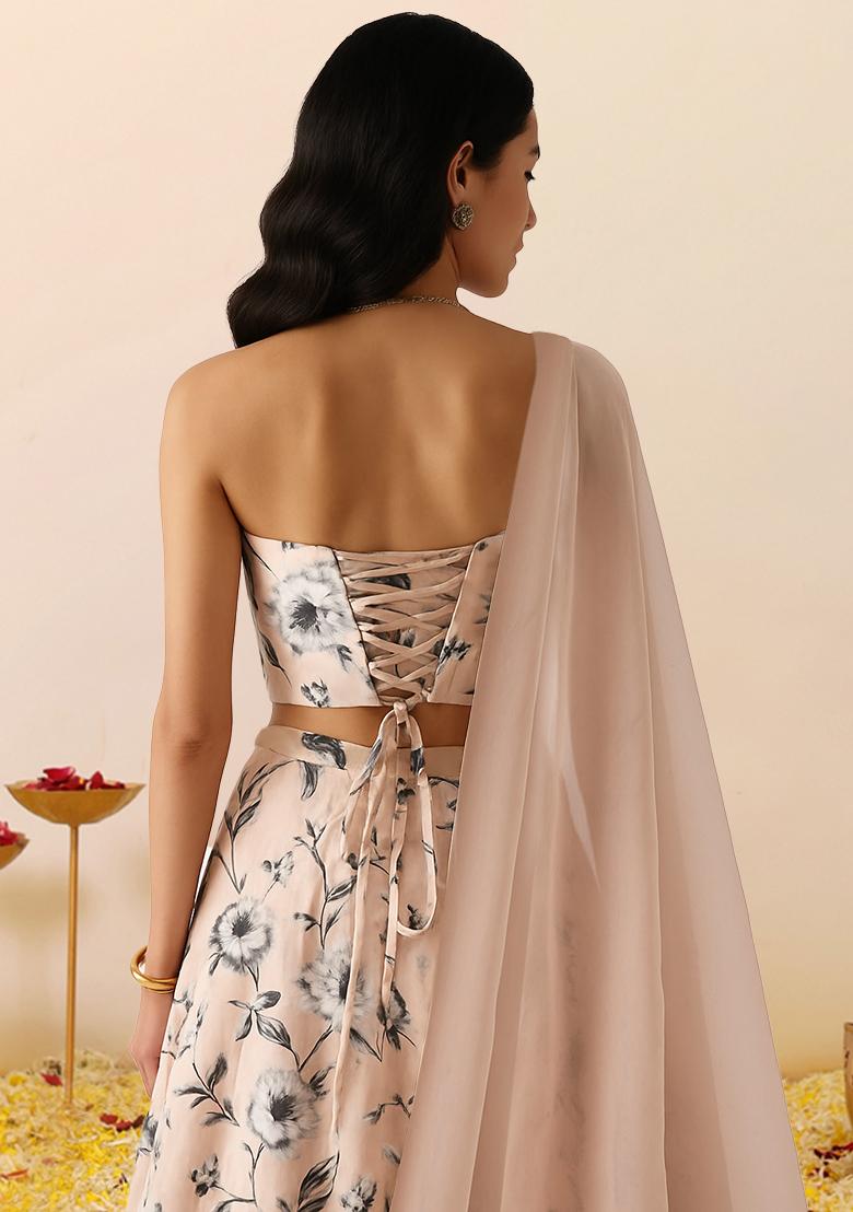 Light Pink Printed Crepe Lehenga Set - Indya