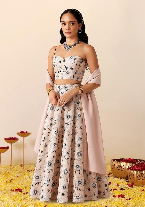 Light Pink Printed Crepe Lehenga Set
