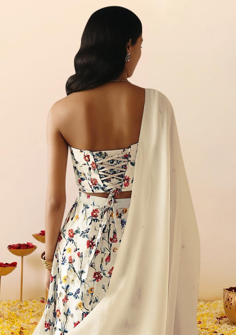 Off White Printed Crepe Lehenga Set - Indya
