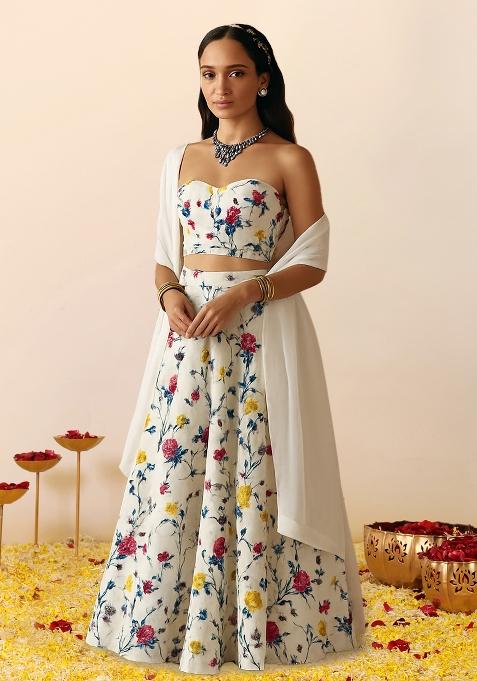 Off White Printed Crepe Lehenga Set