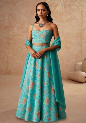Aqua Blue Printed Crepe Lehenga Set