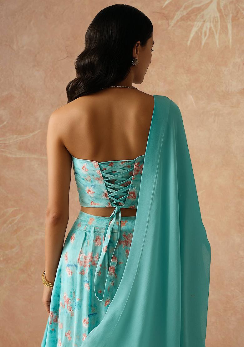 Aqua Blue Printed Crepe Lehenga Set - Indya