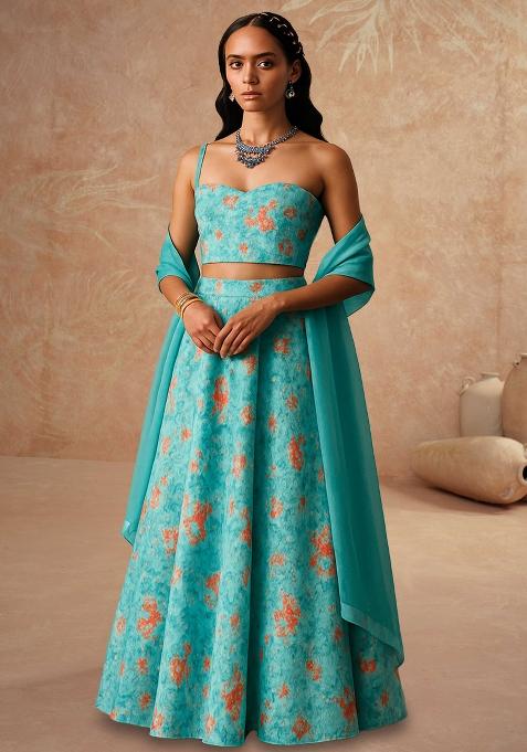 Aqua Blue Printed Crepe Lehenga Set