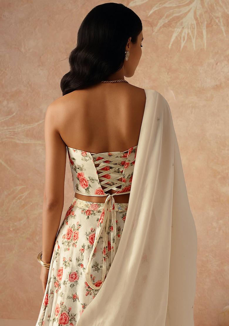 Light Beige Printed Crepe Lehenga Set - Indya