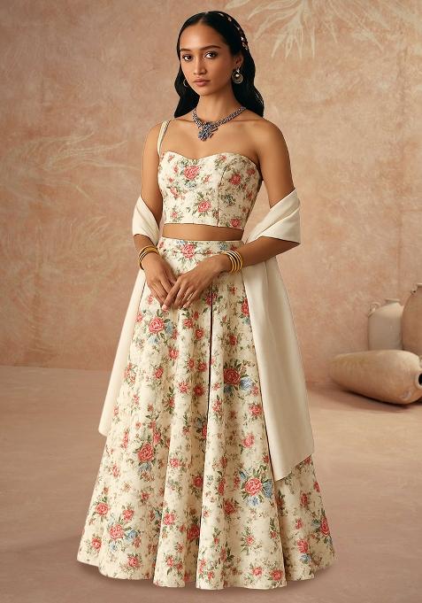 Light Beige Printed Crepe Lehenga Set