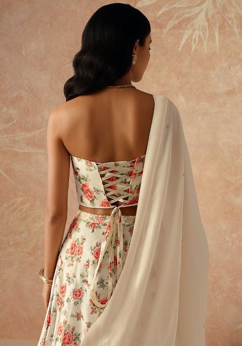 Light Beige Printed Crepe Lehenga Set