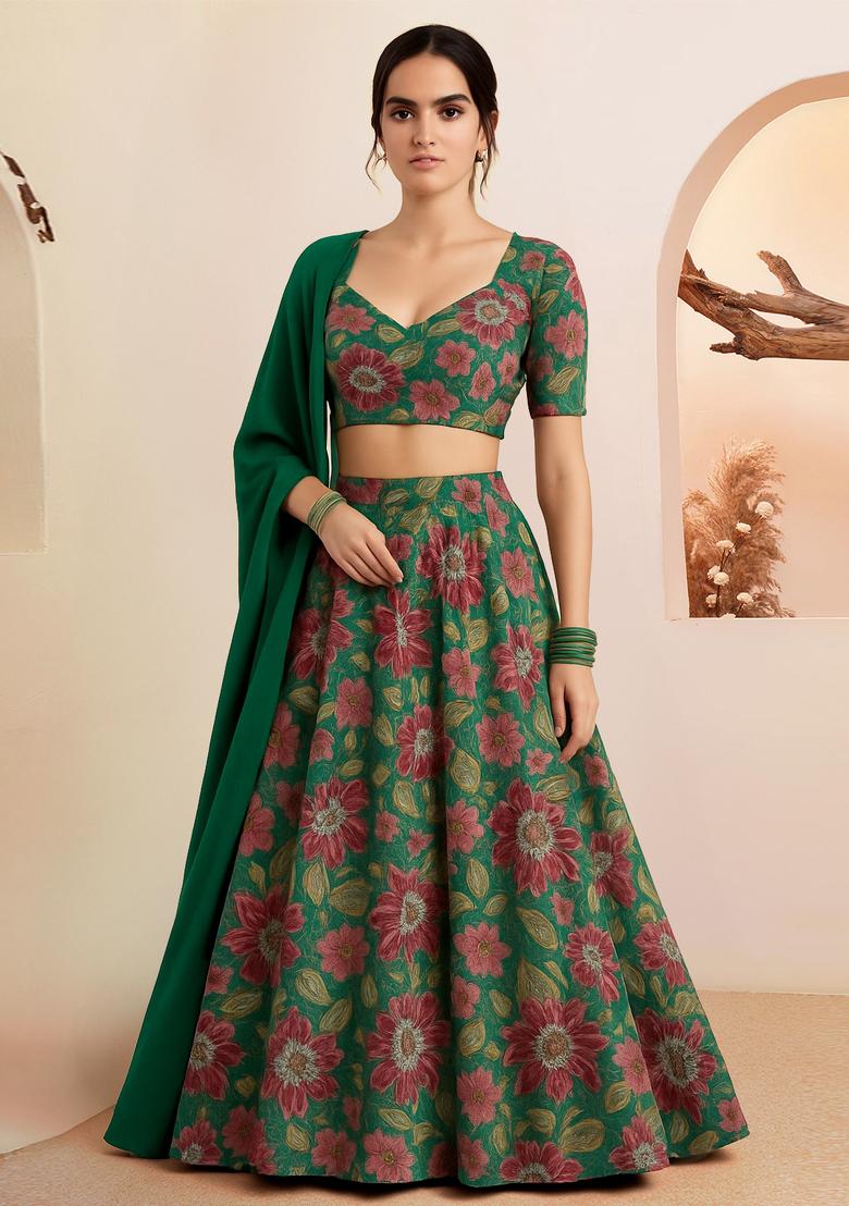 Green Printed Organza Lehenga Set