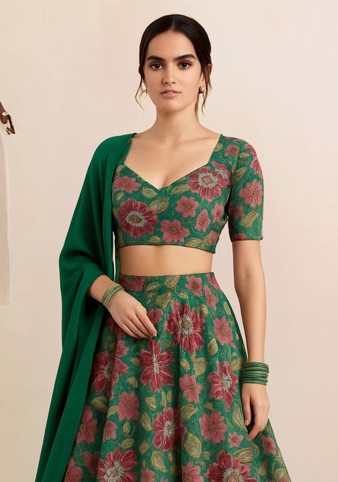 Green Printed Organza Lehenga Set
