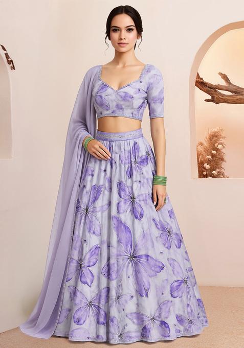 Light Purple Printed Organza Lehenga Set