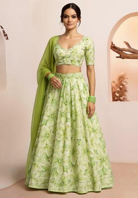 Light Green Printed Organza Lehenga Set