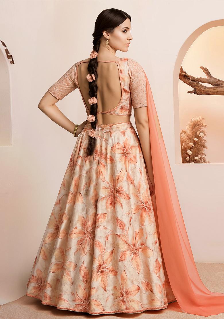 Peach Printed Organza Lehenga Set