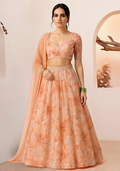 Peach Printed Organza Lehenga Set