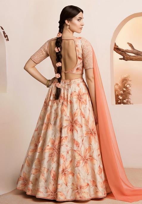 Peach Printed Organza Lehenga Set