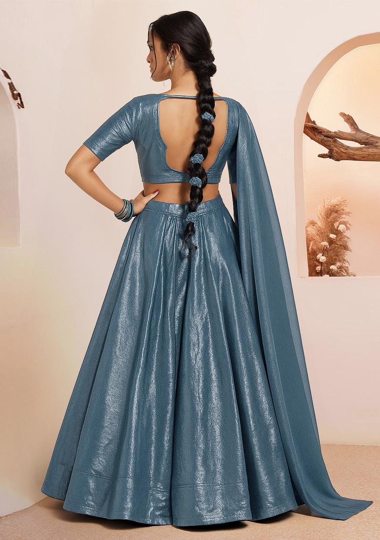 Sky Blue Solid Chiffon Lehenga Set - Indya