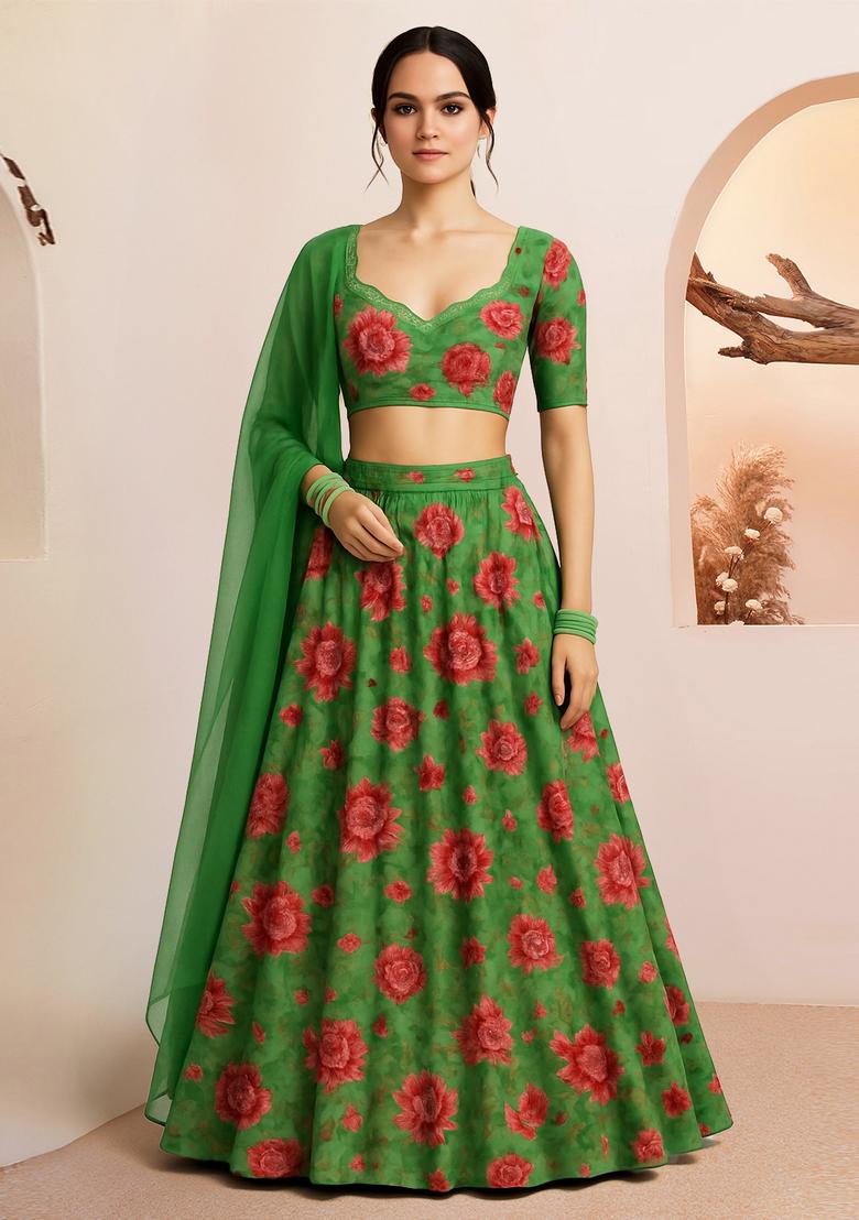 Green Printed Organza Lehenga Set