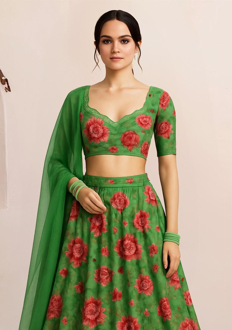 Green Printed Organza Lehenga Set - Indya
