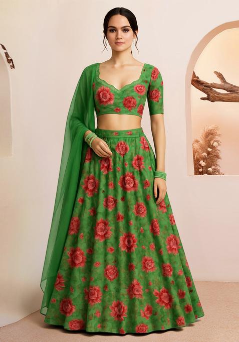 Green Printed Organza Lehenga Set