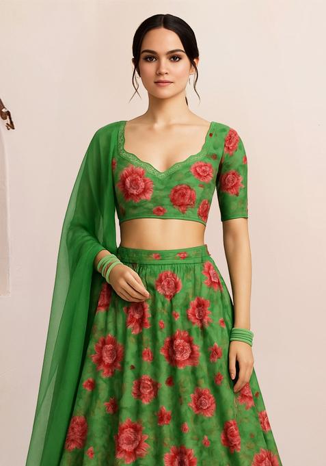 Green Printed Organza Lehenga Set