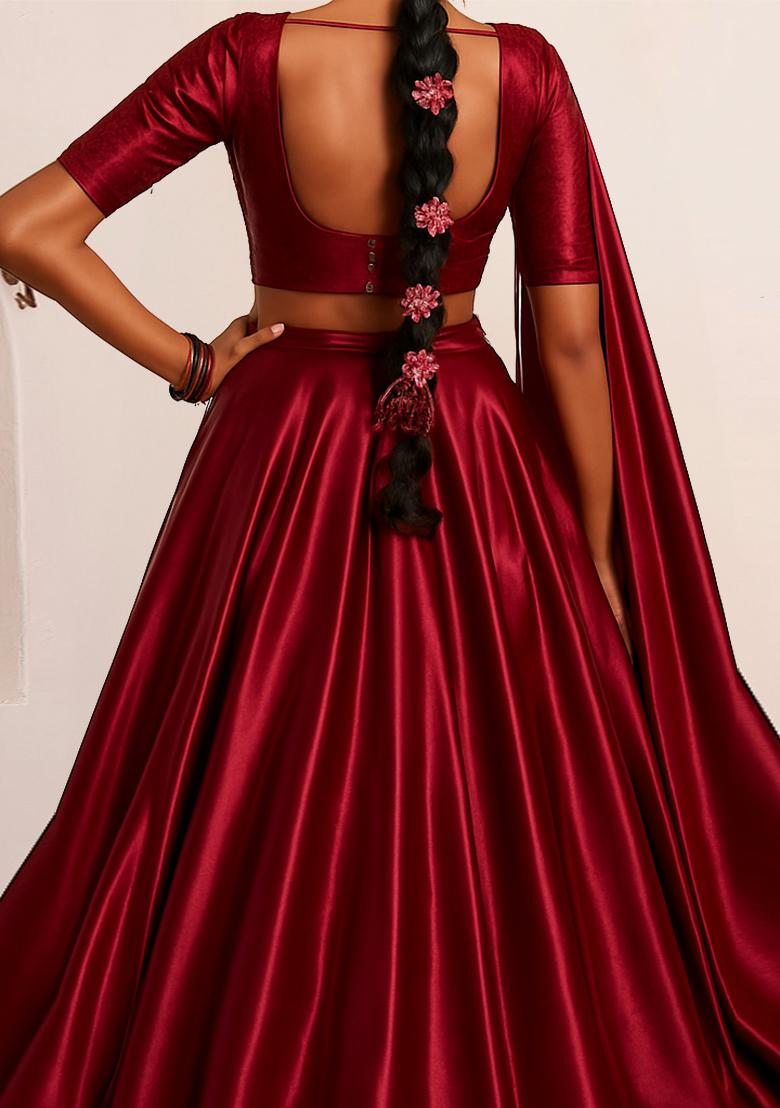 Maroon Solid Organza Lehenga Set - Indya