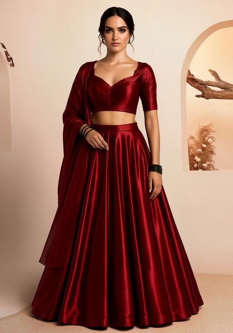 Maroon Solid Organza Lehenga Set