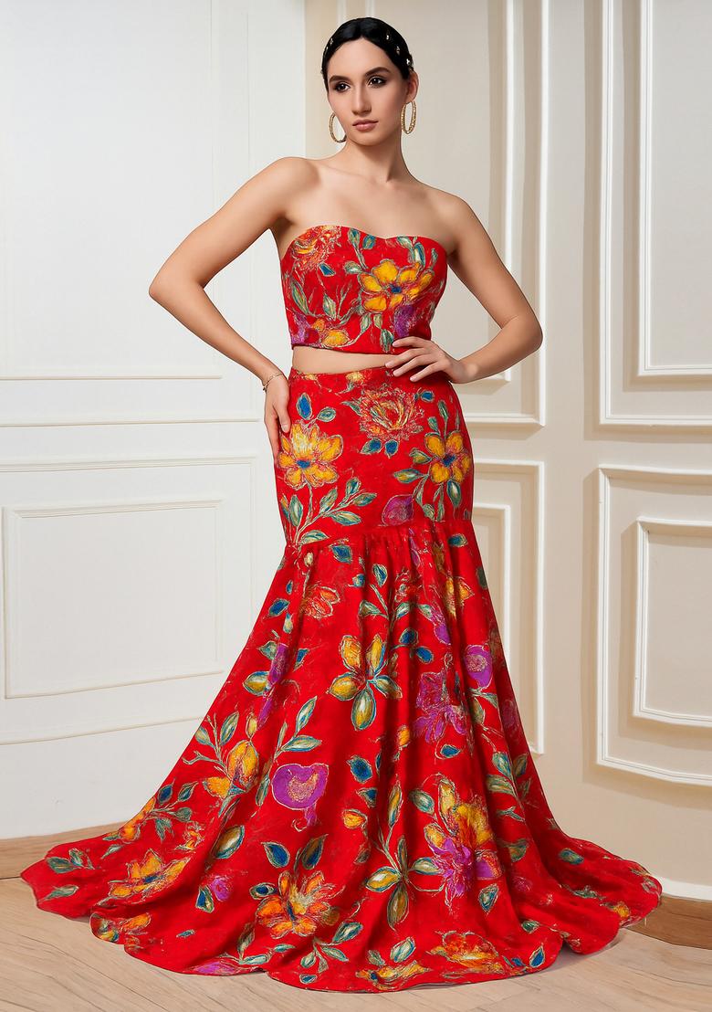 Red Printed Organza Lehenga Set