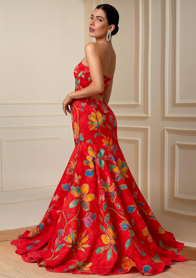 Red Printed Organza Lehenga Set - Indya