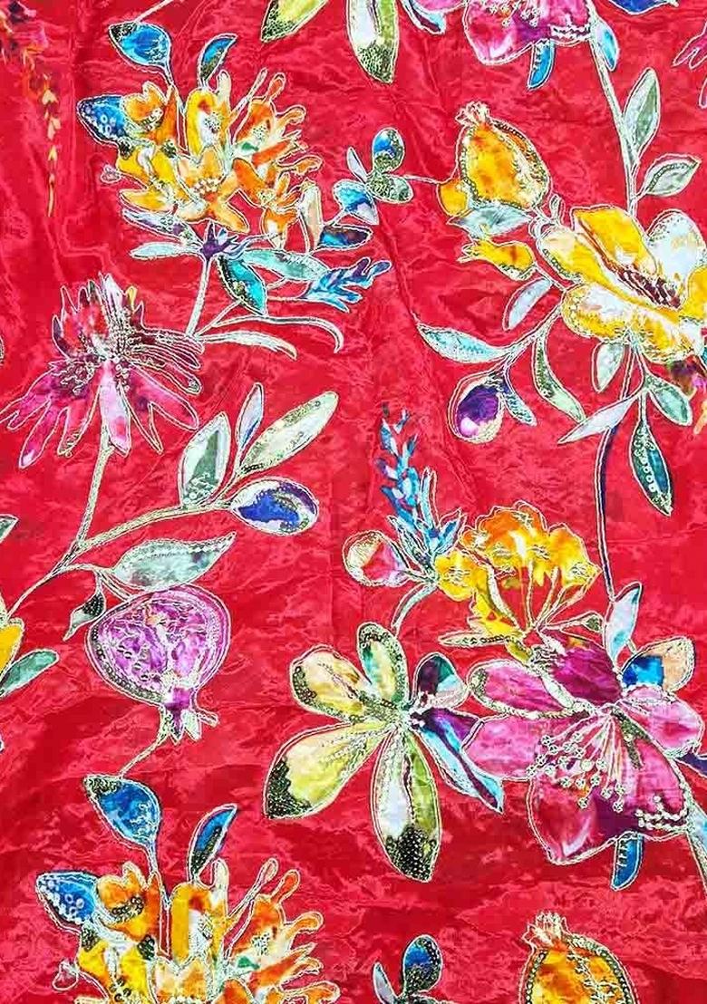 Red Printed Organza Lehenga Set