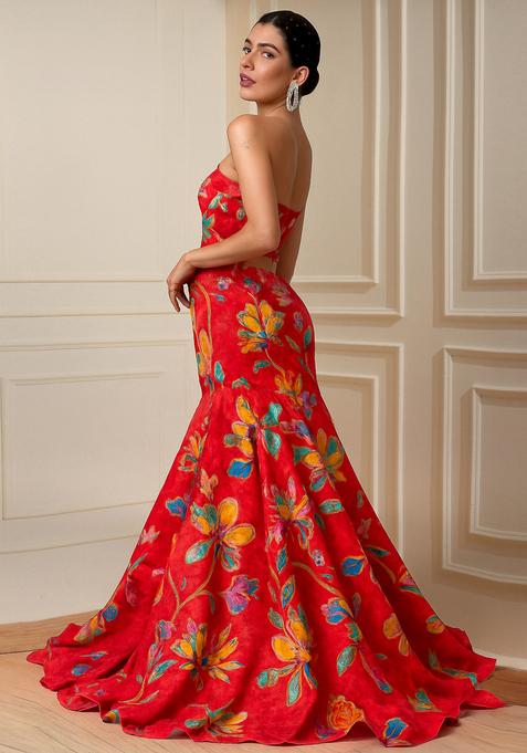 Red Printed Organza Lehenga Set