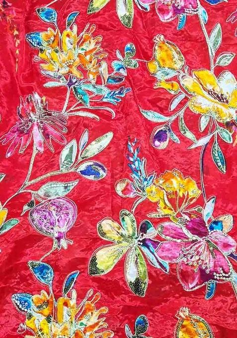 Red Printed Organza Lehenga Set