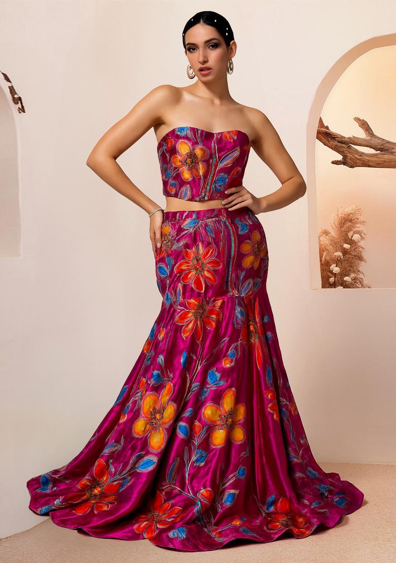 Pink Printed Organza Lehenga Set