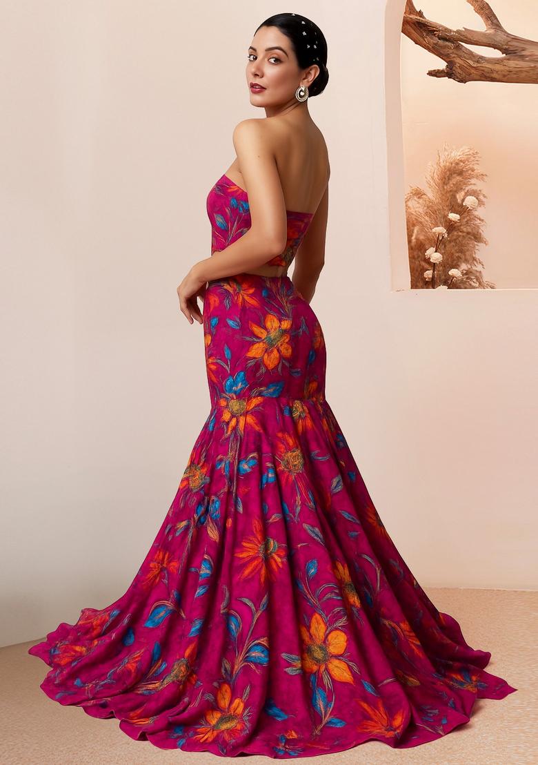 Pink Printed Organza Lehenga Set