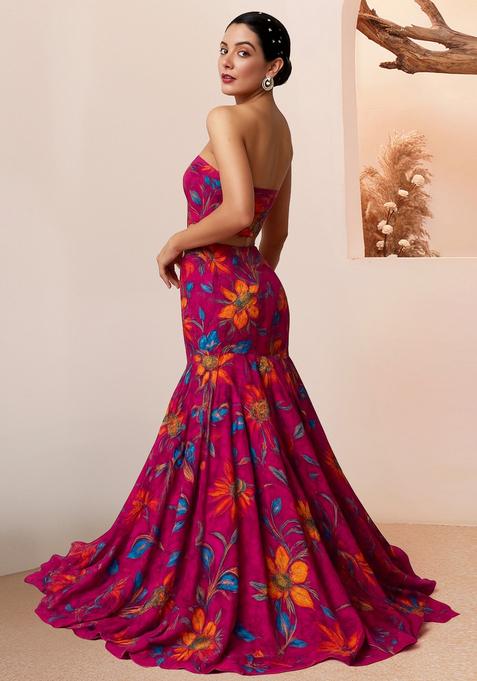 Pink Printed Organza Lehenga Set