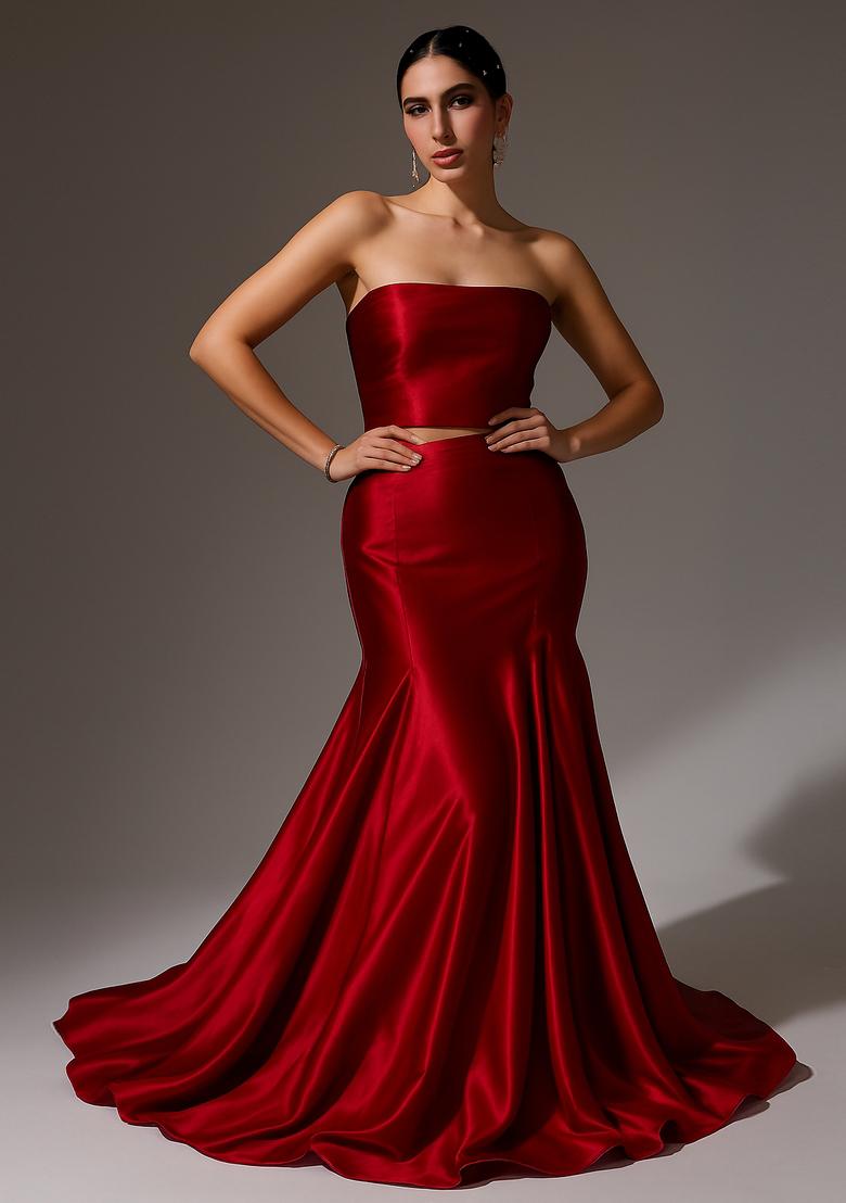 Red Solid Satin Lehenga Set