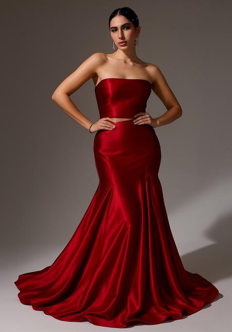 Red Solid Satin Lehenga Set