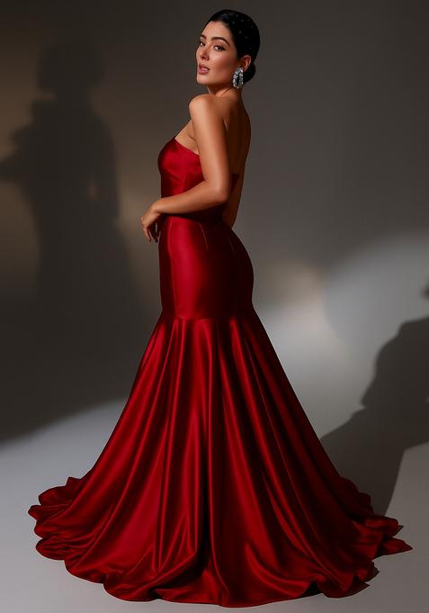 Red Solid Satin Lehenga Set