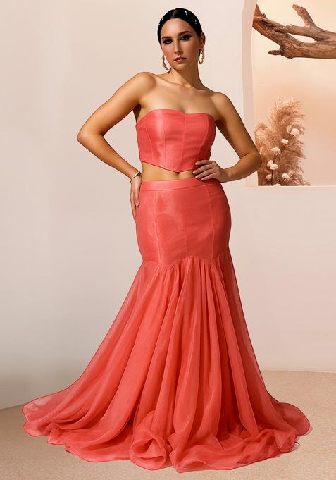 Peach Solid Satin Lehenga Set