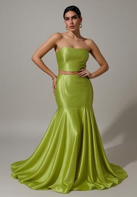 Lime Green Solid Organza Lehenga Set