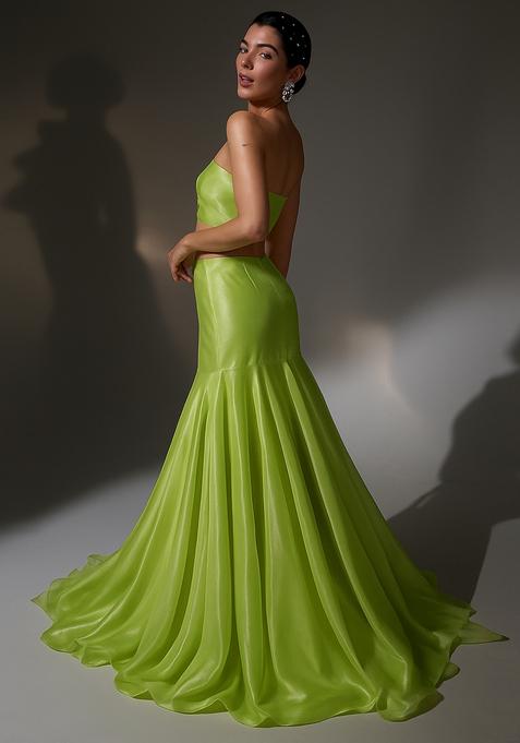 Lime Green Solid Organza Lehenga Set