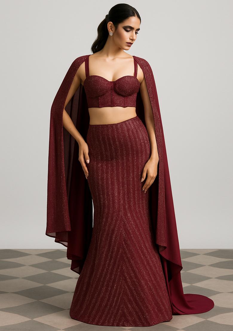 Maroon Foil Printed Lehenga Set