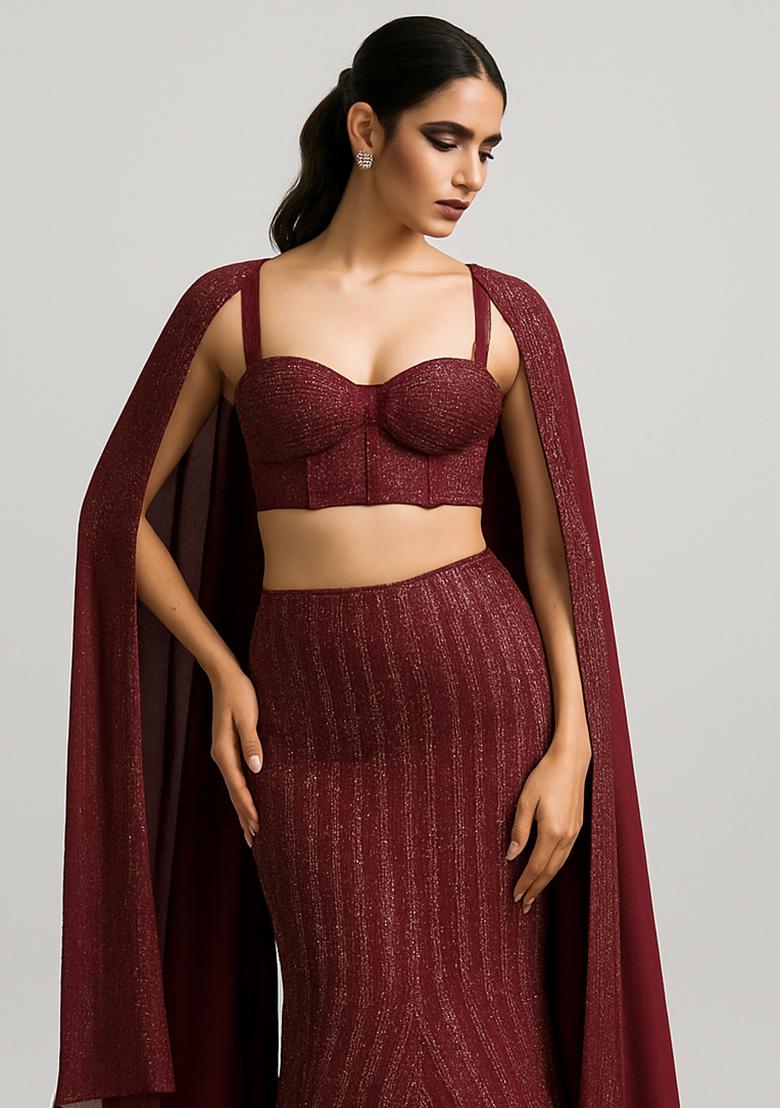 Maroon Weaving Knit Lehenga Set - Indya