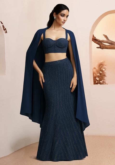 Navy Weaving Knit Lehenga Set